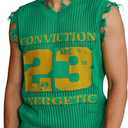 Men's Letter Graphic Sweater Vest Y2k Ripped V Neck Sleeveless Knit Tops (Green, S)