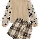 Auiopila Girl Clothes Girls Outfits Flare-lace Sleeve Top and Plaid Skirt Dress Fall Winter 2Pcs Girls Clothes 6-14T (7-8 Years, Beige)