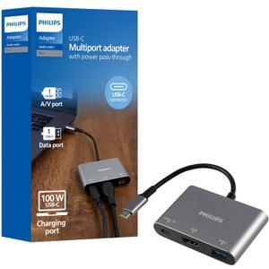 PHILIPS USB C Hub to Multiport Adapter, 3 in 1 Power Pass Through, HDMI 4k@30Hz, 60W USB C Charging Port, 5Gbps USB 3.0 Port for MacBook Pro, MacBook Air, UCB C Laptop Docking Station, DLK9220C/27