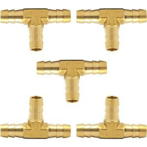 Brass Hose Barb Tee 1/4" x 1/4"x 1/4" Barbed T -Fitting 3 Ways Air Hose Fittings Pack of 5
