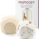 Momcozy Muslin Mini Crib Sheets Fitted - 38''x26'' Pack and Play Sheets for Pack N Play Mattress, 2 Pack Soft & Breathable Natural Cotton Non Slip Bed Cover for Boys, Girls, Bravery Giraffe