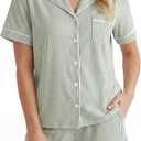 LUBOT 2026 100% Cotton Pajamas for Women PJ Set with Pockets Soft 2 Piece Short Sleeve Button Knit Summer Sleepwear XS-XXL (Green, S)