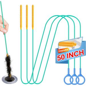 Sink Snake Drain Hair Removal Tool, Reusable 50 Inch Extended Drain Snake Tool Clog Remover, Anti-break Metal Shower Plumbing Snake Drain Cleaner for Bathtub, Bathroom Sink Pipe Cleaning (3 Pack)
