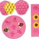4 Pcs Bumble Bee Silicone Mold Honeycomb Sunflower and Bee Fondant Molds Kit Cupcake Hive DIY Chocolate Fondant Candy Cookies Crafting Party Wedding Cake Sugar Dessert Decorating Baking Mold (Pink)