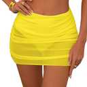 Women's Ruched Mesh Bikini Swimsuit Bottoms High Waisted Sheer Short Swim Skirt, L, Yellow
