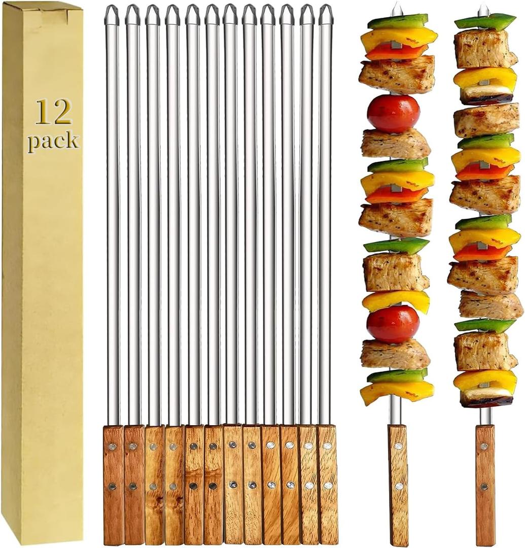 12 Pack Kebab Skewers BBQ Barbecue Skewers Stainless Steel Sticks 23.5 Inch Heavy Duty Large Wide Reusable with Nonslip Wooden Handle Ideal for Shish Kabob Chicken Shrimp and Vegetables