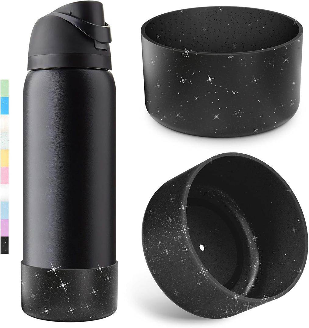 2PCS Glitter Silicone Boot for Owala Water Bottle, Anti-Slip Protective Sleeve for Owala Twist,FreeSip and Flip Stainless Steel Water Bottle, BPA-Free, Dishwasher Safe, Accessories (40 Ounces, Black Flash Silver)