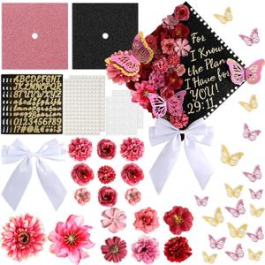55 Pcs Rose Red DIY Graduation Cap Decorations Faux Assorted Flowers White Bows 3D Butterfly Stickers Glitter Alphabet Letter Number Decals for DIY Hat Grad Cap Topper Graduation Party Supplies