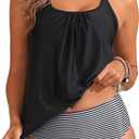 Tempt Me Blouson Two Piece Tankini Swimsuits for Women Tummy Control Bathing Suits with Bottoms Modest Loose Fit Swimwear (Large, Black Stripe)