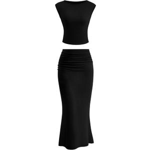 PRETTYGARDEN Skirt Sets Women 2 Piece Outfits Summer Outfits 2026 Going Out Crop Tops Long Maxi Skirts Beach Vacation Clothes (Black, S)
