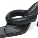NEWBELLA Women's Square Toe Heeled Sandals Thong Strap Stiletto Heel Slip On Dress Shoes Fashion Summer Heels for Party Date Night Casual Wear (Black) 8.5