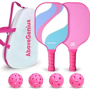 Pink Pickleball Paddles Set of 2,USAPA Standard Fiberglass Pickle ball Set with 2 Cute Lightweight Pickleball Rackets,2 Indoor&2 Outdoor Balls,1 Carrying Bag,Sport Gift for Women, Beginner