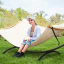 SUNCREAT Hammocks for Outside with Stand, Porch Hammock and Stand, 475 lbs Capacity, Patent Pending, Beige
