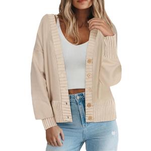 Zeagoo Women's Cardigan 2025 Fall Winter Open Front Oversized Button V Neck Loose Soft Knit Sweater (Large, Apricot)