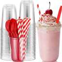 Baderke 25 Set Root Beer Float Cups with Red Plastic Soda Spoons and Paper Straws Plastic Parfait Cups Disposable Stemless Glasses for Milkshake Ice Cream Cocktail Yogurt Party Drinks (16oz)