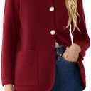 Langwyqu Womens Crew Neck Button Down Cardigan Sweaters Blazer Casual Long Sleeve Knit Solid Sweater with Pockets (Medium, Wine Red)