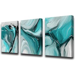 LUDEYI Modern Abstract Wall Art Canvas Prints, 3-Piece Teal and Gray Fluid Art, Contemporary Home Decor Wall art in the living room, bedroom and bathroom12x16 Inch/Set of 3