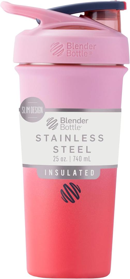 BlenderBottle Sport Sleek Insulated Stainless Steel Shaker Bottle with Wire Whisk, 25-Ounce, Flamingo Ombre  Protein Shakes & Hydration for Athletes & Fitness Enthusiasts, Easy Mixing, Slim Easy to Hold, Keeps Drinks Cold, Lockable Lid