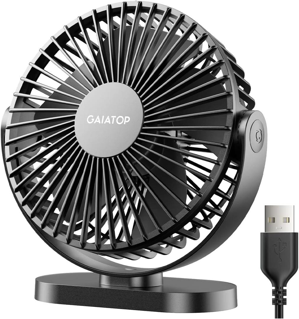 Gaiatop USB Desk Fan, 5.5 Inch Small Quiet Powerful 3 Speeds 90 Rotate, Personal Mini Portable Desktop Table Fans, Cooling for Home Office Car Travel Indoor Outdoor Black