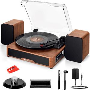 Vangoa Vinyl Record Player with Bookshelf Speakers Bluetooth Vintage Turntable for Vinyl Records Belt-Drive 3 Speed Portable LP Players Wooden Vinyl Players Auto Stop with Cleaning Kits, Brown