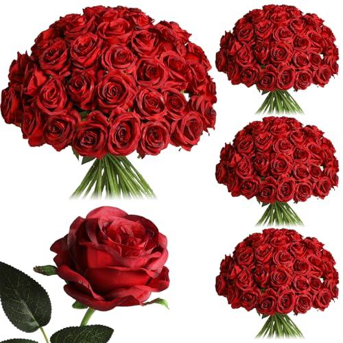 Nubry 50pcs Artificial Burgundy Roses Bulk, Fake Red Roses Flower with Stems Realistic Flowers for Wedding Centerpiece Home Party Decor(Burgundy)