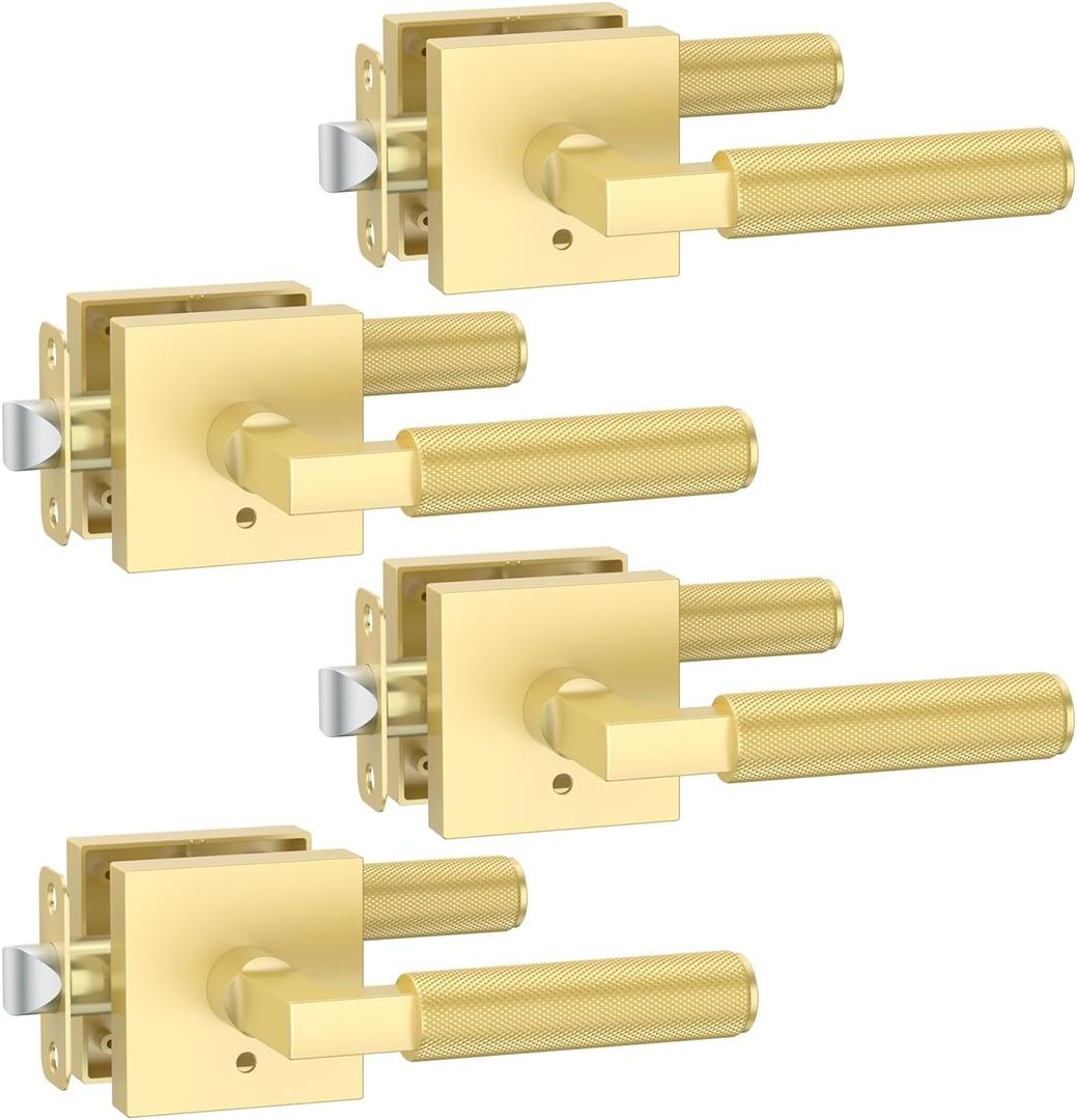 FILTA 4 Pack Gold Privacy Door Handles, Knurled Door Levers Interior Champagne Bronze Door Lever Bathroom Door Knobs Heavy Duty Square Door Lock