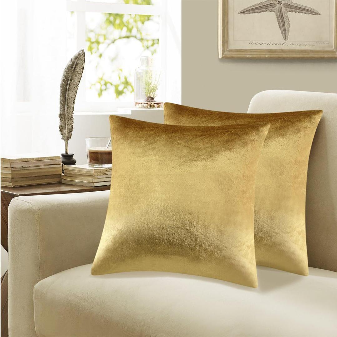 GIGIZAZA Decorative Throw Pillow Covers 16x16,Set of 2 Gold Square Couch Pillow Covers,Velvet Sofa Boho Cushion Pillows