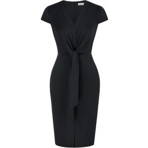 GRACE KARIN Women's Summer Midi Dresses Cap Sleeve Tie Waist Work Dress Slit V-Neck Bodycon Dress Business Casual Outfits (Large, Black)