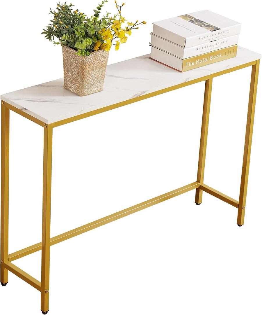 loglus Small Console Table for Entryway, Faux Marble MDF Sofa Table with Golden Frame, Single Layer, White Marble, 9.45" D x 38.19" W x 30" H