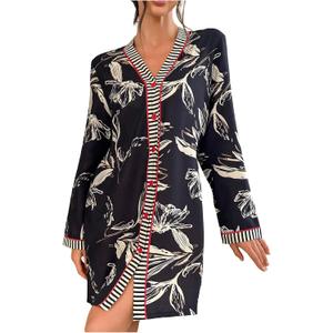 WDIRARA Women's Floral Graphic Nightgowns Button Down Long Sleeve V Neck Nightshirts Sleepwear (S)