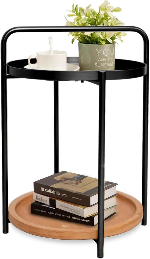 deerlove 2 Tier Round Side Table, 16" Small Metal End Table with Removable Wooden Tray, Round Accent Sofa Coffee Side Table for Living Room, Bedroom, Balcony (Black)