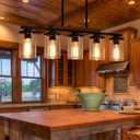 Farmhouse Dining Room Light Fixture Chandelier Over Table, 5-Light Kitchen Island Lighting with Rustic Wood Frame Island Lights, 32.4" Black Clear Glass Shade Farmhouse Chandeliers for Dining Room