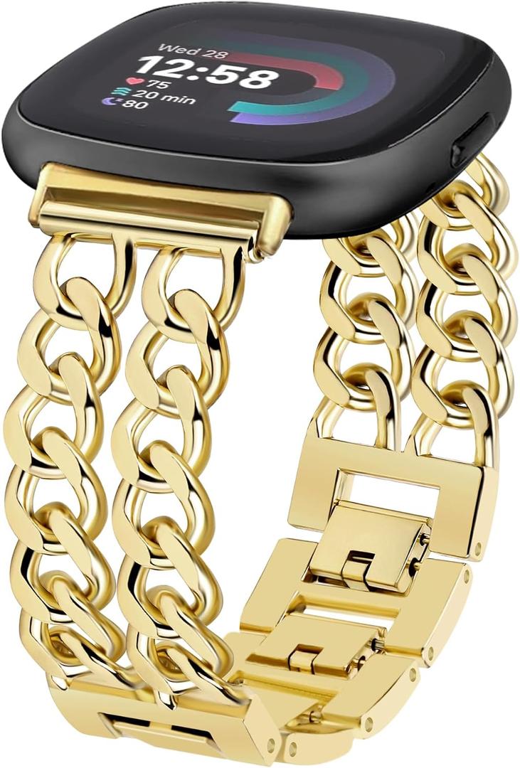 JR.DM Gold Watch Bands for Women Compatible with Fitbit Versa 4/Versa 3/Fitbit Sense 2/Sense Band Adjustable Metal Strap Cowboy Steel Chain Bracelet