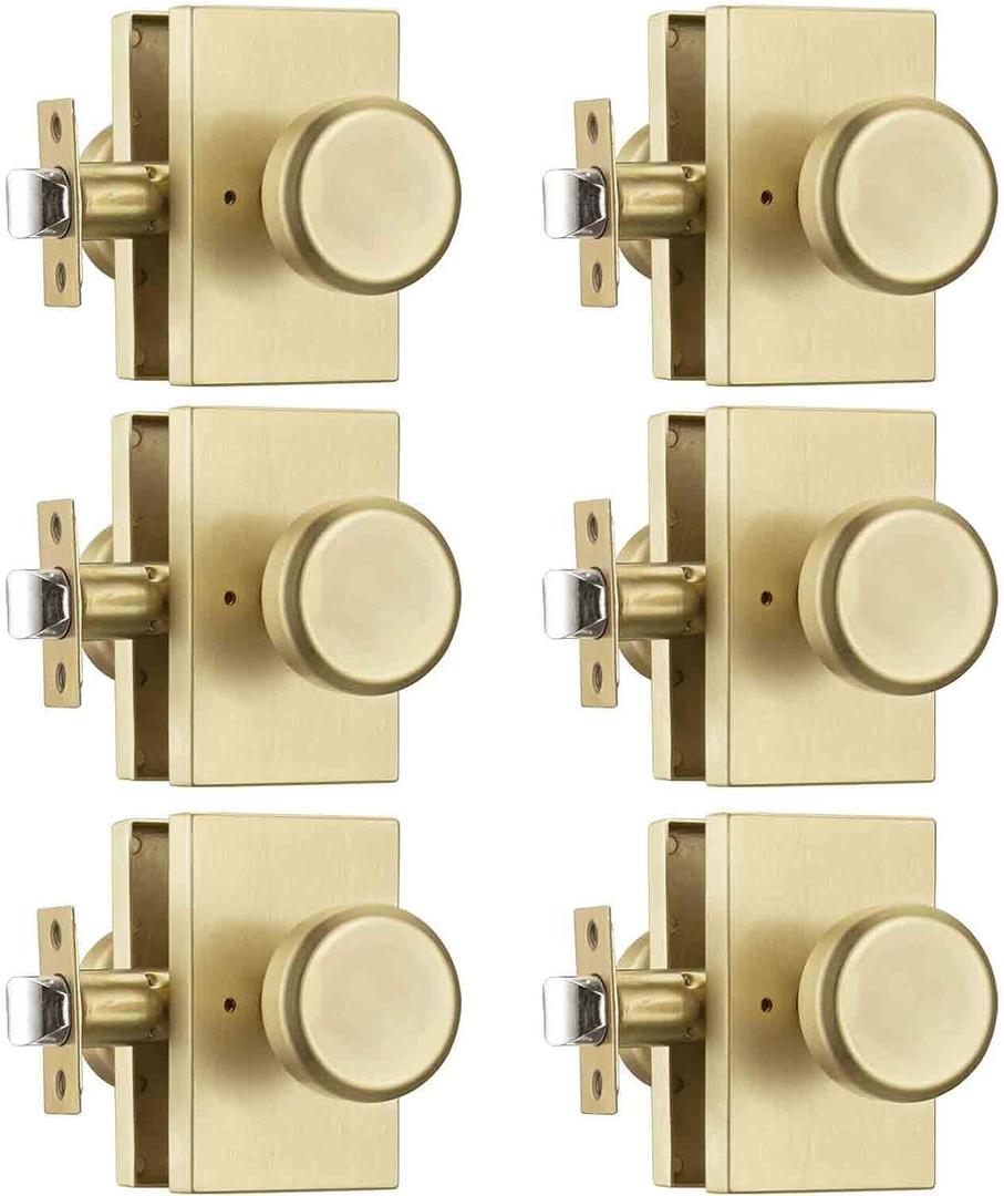 Gold Door Knob with Push Lock for Privacy, Satin Brass Bedroom & Bathroom Door Knob, 6 Pack Easy Install for Interior