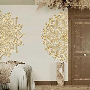 Half Mandala Wall Decal Mandala Wall Sticker Mandala Decals for Walls Flower Wall Stickers Removable Peel and Stick Wall Decals for Bedroom Living Room Yoga Studio Decor, Gold