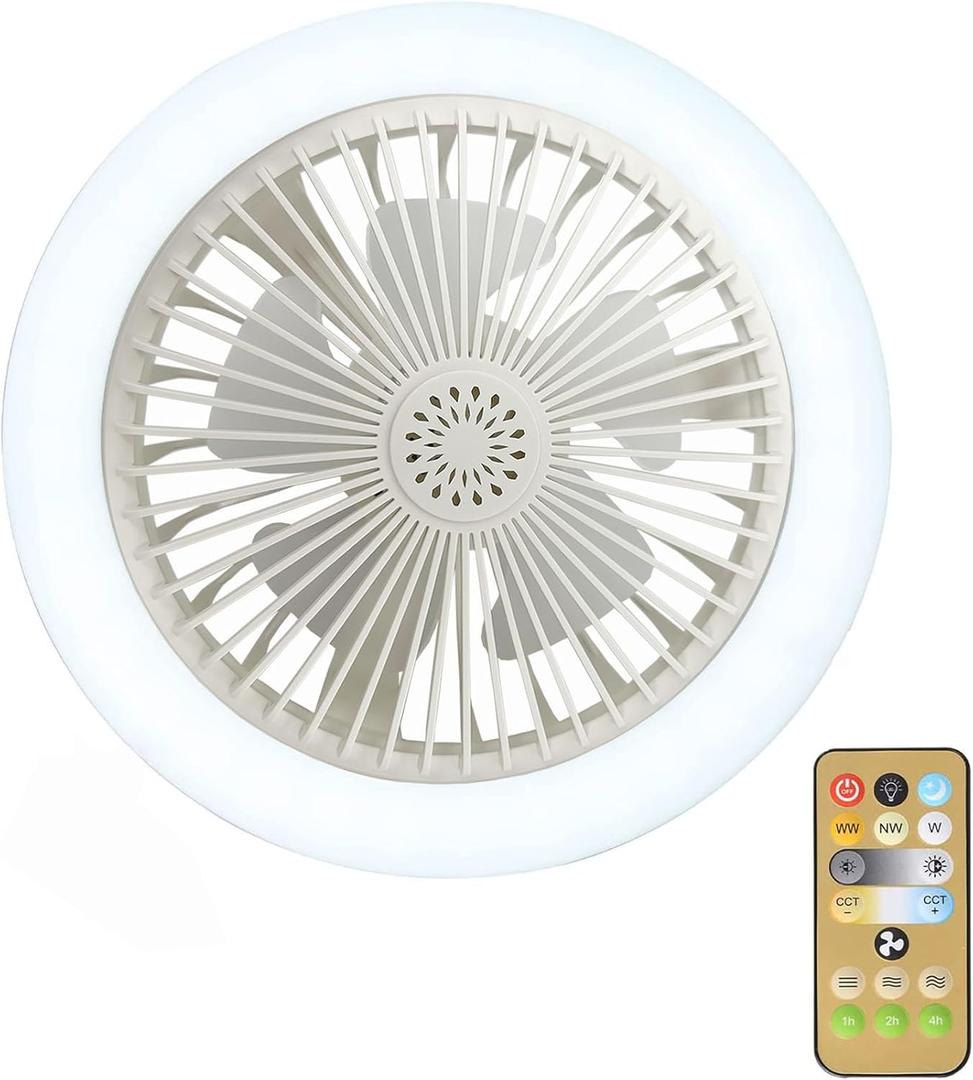 E26/E27 Ceiling Fan with Lights Remote, Mini 10 Inch Enclosed Low Profile Fan Light, Ceiling Light with Fan 3 Speeds 3 Light Color Dimming and Timing,Summer Gift for Bedroom Dormitory (White)