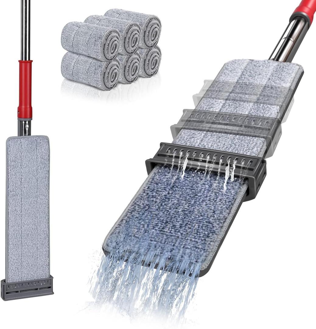 MASTERTOP Flat Floor Mop, 2 in 1 Hand-Free Mops, 360° Rotating Squeeze Mop, Self Wringing Mops for Cleaning Hardwood Tile Laminate Floors and Walls, Send 6 Reusable Microfibre Pads 