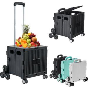 Foldable Utility Cart Folding Shopping cartsCollapsible cart with Stair Climbing Wheels, 8 Wheel Shopping cartCollapsible Rolling Crate with Telescoping Handle (Black, 14.96 * 14.96 * 31.3)