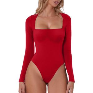 QINSEN Women's Sexy Square Neck Bodysuit Long Sleeve Double Lined Shirt Tops (Red)