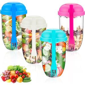Roshtia 4 Pcs Salad Cup with Lids Fork Sauce Container Salad Shaker Container for Lunch, Keep Fit Food Dressing Cup for Portable Breakfast Meal Vegetable and Fruits