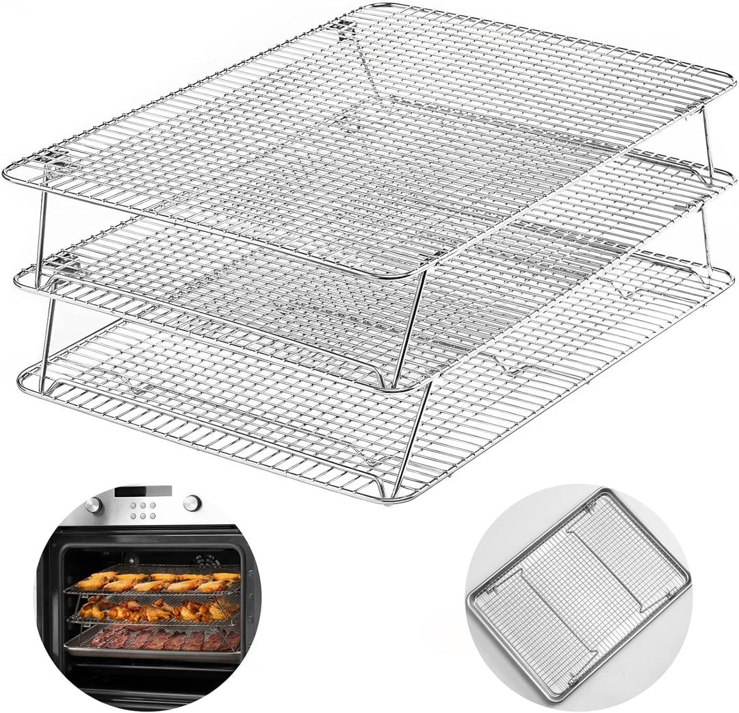 HIWARE Oven-Salf Collapsible Cooling Rack for Baking, 3 Tier 12x 16.5, Stainless Steel and Fit Half Sheet, Stackable Wire Cooling Racks for Cookie, Pizza, Cake