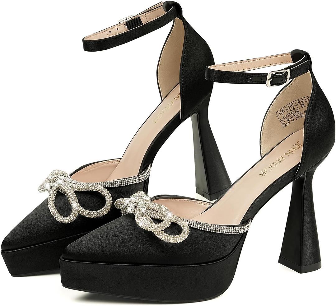JENN ARDOR Closed Toe Heels Platform Pumps with Rhinestone Bow, Ankle Strap Womens Dress Shoes (6, Black - Super Soft Silk)
