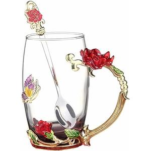 Tea Cup Gifts for Mom Women Mothers Day Glass Coffee Enamels Mug Birthday Butterfly Rose Gifts for Her Valentines Day Christmas Tea Cup with Spoon, A-Cup-Red-Tall