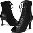 YYTing Women Suede Ballroom Dance Boots Latin Salsa Dress Shoes Practice Footwear 2.5inch 3.5inch Heels YT22 (Black)