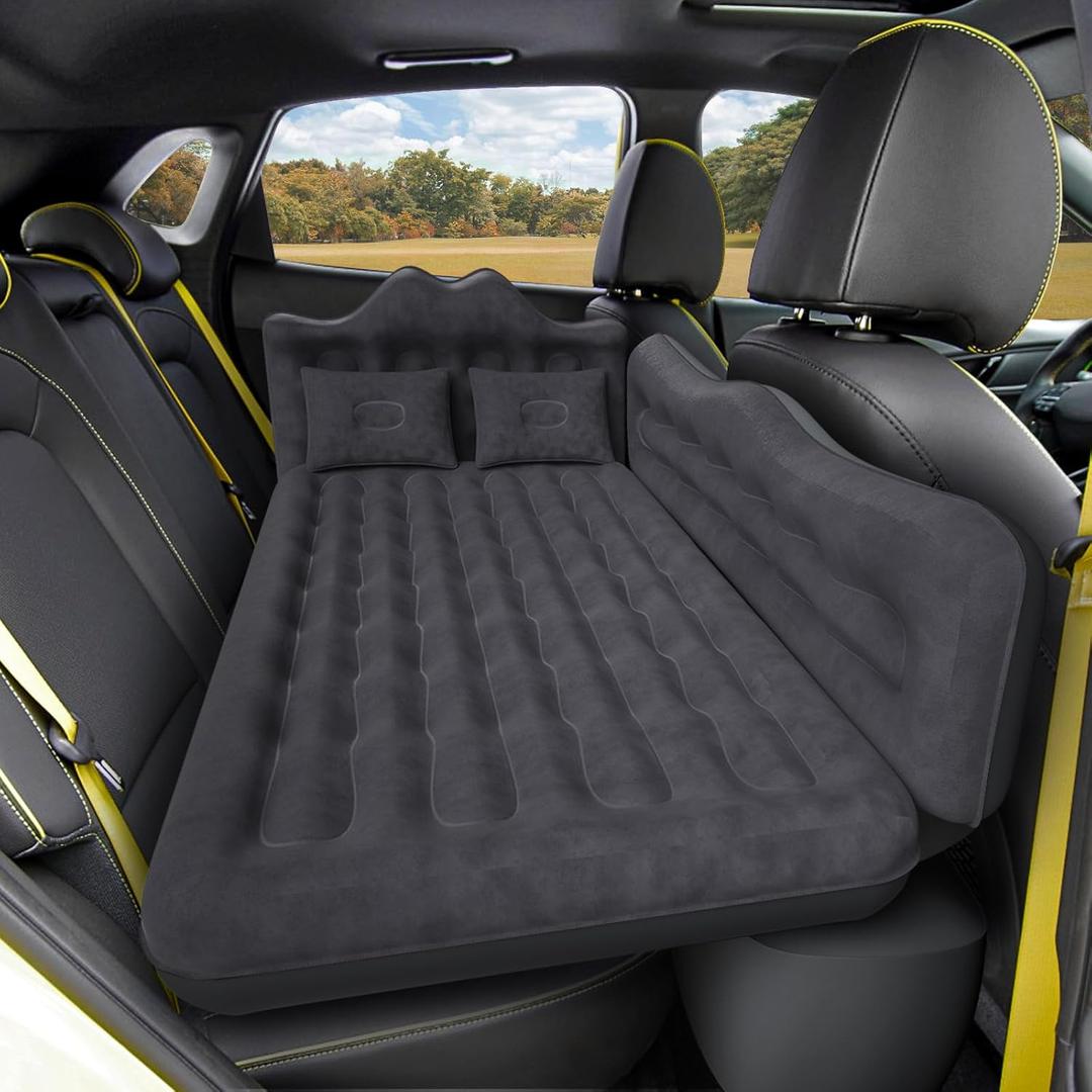 Back Seat Car Air Mattress: Inflatable SUV Car Camping Bed for Truck Van, Thickened Double-Sided Flocking Travel Car Sleeping Pad with Air Pump 2 Pillows (Black)