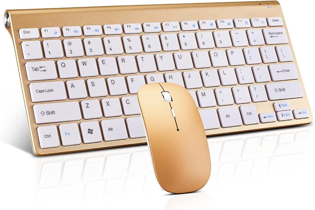Wireless Keyboard and Mouse Combo, Compact Quiet Wireless Keyboard and Mouse Set 2.4G Ultra-Thin Sleek Design for Windows, Computer, Desktop, PC, Notebook, Laptop (GHKM03 Gold 01)