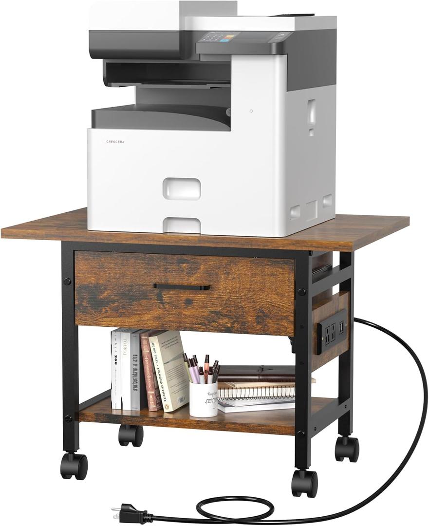 Aetheris 2-Tier Printer Stand With solid wood drawer, Under Desk Rolling Printer Stand with Charging Station, Printer Cart Holder with Lockable Wheels,Shelf for Small Spaces, Home Office, Rustic Brown