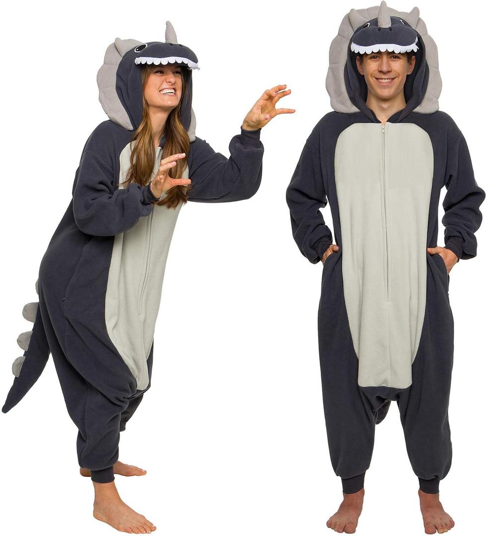 Funziez! Adult Onesie Halloween Costume Animal Dinosaur Shark Unisex Plush One Piece Cosplay Suit for Adults, Men and Women (Triceratops Grey) Extra Large 