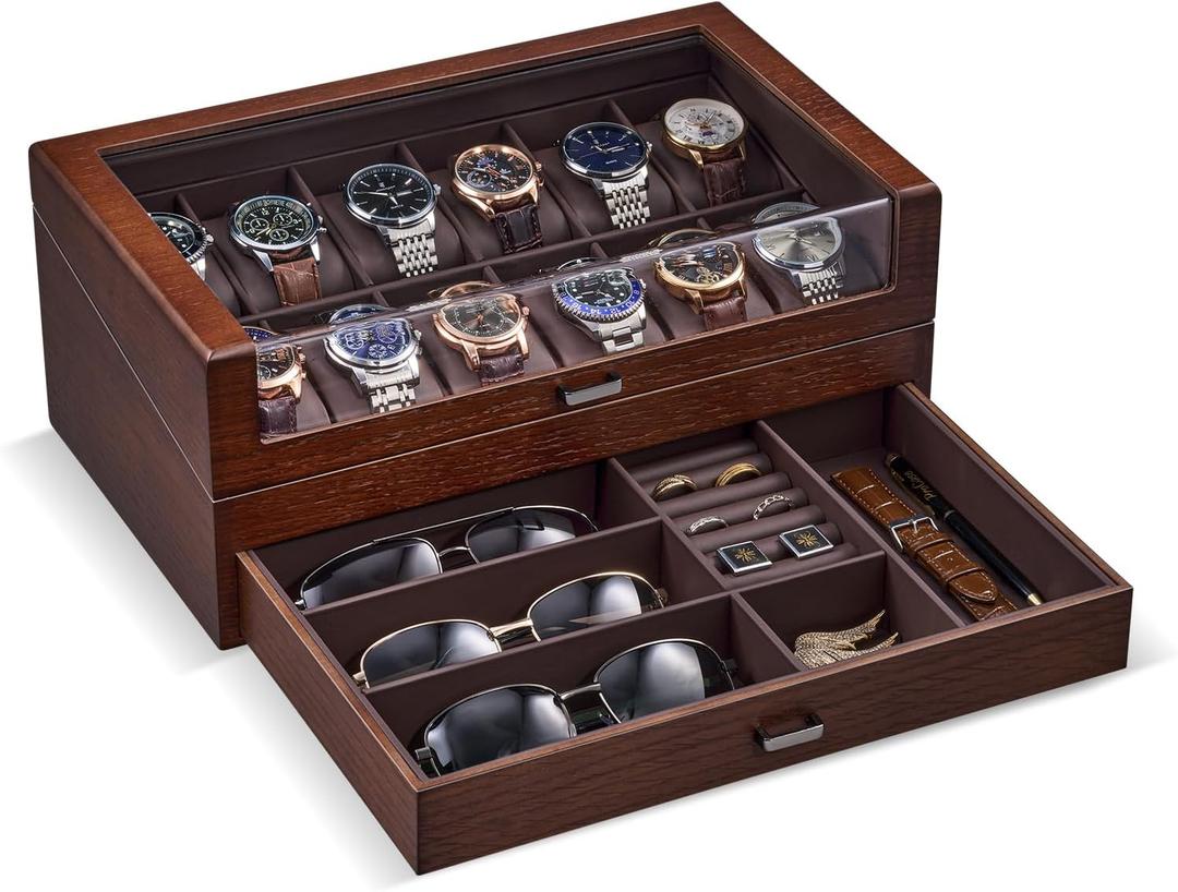 ProCase High End Wooden Watch Box for Men, 2-Layer Wood Watch Display Case Men's Jewelry Organizer Box with Drawer -12 Slot, Walnut