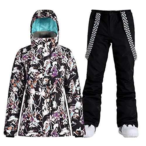 GSOU SNOW Womens Ski Jackets and Pants Snowboarding Snowsuit Coat Hooded Waterproof Windproof Insulated,Purple Flower Black,XL